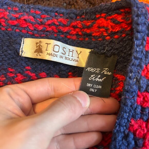 70s 80s 100% pure wool knitted red and blue cardigan - Toshy Made In Bolivia! - Picture 14 of 15